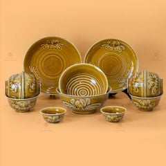 Bộ Bát Đĩa Men Nâu Vân Hoa Cúc
