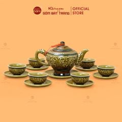 Bộ Ấm Chén Khắc Nổi Hoa Sen Nền Vàng