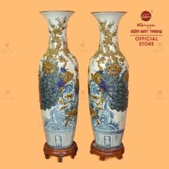 Lộc Bình 1M4 Men Rạn Công Đào Hoa Nâu Đắp Nổi